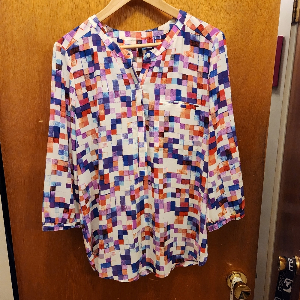 NYDJ Pintuck Blouse Multicolor Abstract Check Print